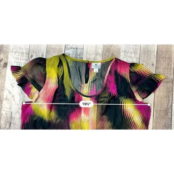 Worthington Petite Multi-color Abstract Sheer Cap Sleeve Blouse PL Colorful - Picture 5 of 12